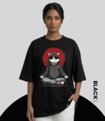 Rijb-cool-cat-smoking-oversized-tshirt-with-female-model-front-side