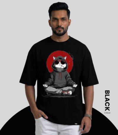 Rijb-cool-cat-smoking-oversized-tshirt-with-male-model-front-side